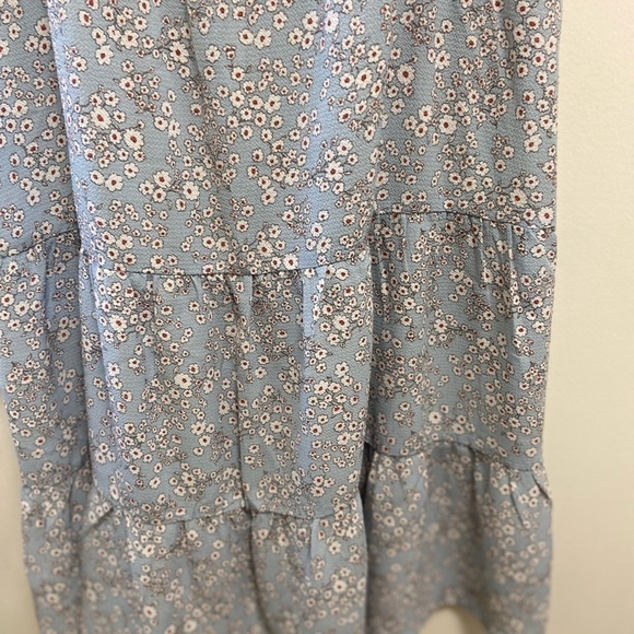 Monteau blue and cream flowered ruffle sleeved dress women's Large - Picture 5 of 9